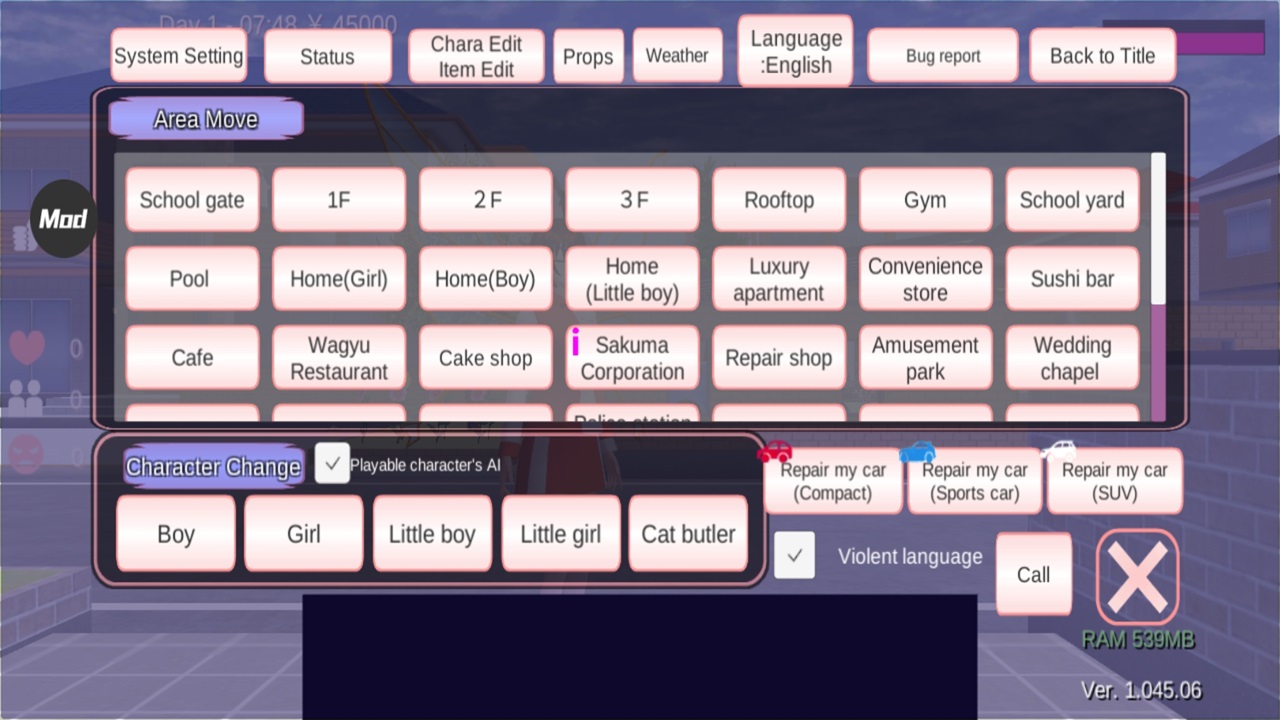 樱花校园模拟器破解版无敌版(SAKURA SchoolSimulator) 1.045.06内置功能菜单